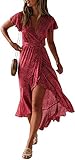 ZESICA Women's 2023 Bohemian Floral Printed Wrap V Neck Short Sleeve Split Beach Party Maxi Dress,Urban Redfloral,X-Large