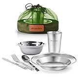 Unique Complete Messware Kit Polished Stainless Steel Dishes Set| Tableware| Dinnerware| Camping| Includes - Cups | Plates| Bowls| Cutlery| Comes in Mesh Bags (Single Person Green)