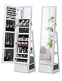Nicetree 360° Swivel Jewelry Cabinet with Lights, Touch Screen Vanity Mirror, Rotatable Full Length Mirror with Jewelry Storage, Standing Jewelry Armoire Organizer, Foldable Makeup Shelf, White