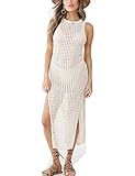 Bsubseach Women Beige Hollow Out Sleeveless Bikini Swimsuit Cover Up Swimwear Side Split Crochet Tank Beach Dress