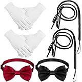 6 Pcs Circus Costumes Accessories Sets Faux Leather Whip Black Bullwhip Bow Ties Uniform Gloves for Circus Stage Performance Racing Ringmaster Cosplay Halloween Costume Accessories