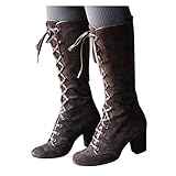 XHLEMON Women Vintage Victorian Gothic Mid Calf Height Boots Casual Lace up Thick High Heels Booties Winter Warm Shoes