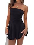 Women Sexy Tube Top Silk Dress Strapless Ruched Basque Waist Ruffle Layer Mini Dress Jumpsuit Party Dresses Black