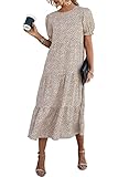 PRETTYGARDEN Women's Summer Casual Boho Dress Floral Print Ruffle Puff Sleeve High Waist Midi Beach Dresses (Apricot,Large)