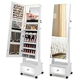 LOKO Standing Jewelry Armoire with Wheels, Lockable Jewelry Organizer with Full-Length Mirror, 3-Color LED Lights, Jewelry Cabinet with Adjustable Angles for Bedroom, Cloakroom (White)