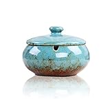Lependor Ceramic Ashtray with Lids, Windproof, Cigarette Ashtray for Indoor or Outdoor Use，Ash Holder for Smokers,Desktop Smoking Ash Tray for Home Office Decoration - Blue