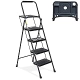 4 Step Ladder, HBTower Folding Step Stool with Tool Platform, Wide Anti-Slip Pedal, Sturdy Steel Ladder, Convenient Handgrip, Lightweight 330lbs Portable Steel Step Stool, Black