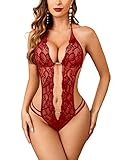 Avidlove Lingerie for Women Deep V Halter Lace Bodysuit Mini Babydoll Sleepwear Wine Red Medium