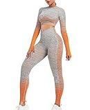 FeelinGirl Workout Sets for Women 2 Piece Workout Outfits Sports Seamless High Waist Yoga Gym Leggings Long Sleeve Crop Tops Activewear Set Orange L