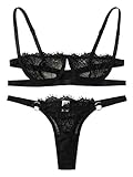 SheIn Women's 2 Piece Sexy Lace Strap Bralette Bra and Panty Lingerie Set Push Up Black Small