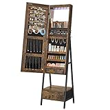 SONGMICS LED Cabinet Standing, Lockable Jewelry Armoire with Full-Length Mirror, Space-Saving Jewelry Organizer with Mirror, Bottom Drawer and Shelf, Gift Idea, Rustic Brown UJJC025X01