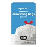 Amazon Basics Flextra Tall Kitchen Drawstring Trash Bags, 13 Gallon, Unscented, 50 Count, Pack of 1