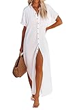 Dokotoo Womens Summer Beach Button Down Kimonos Long Cardigan Short Sleeve Side Split Casual Solid Loose Fit Bathing Suit Swimsuit Cover Ups for Women White Medium