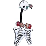 Body Candy Womens 14G Black PVD Steel Navel Ring Piercing Skeleton Skull Rose Double Mount Belly Button Ring