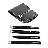 Tweezers Set 4-piece - Tweezer Guru Stainless Steel Slant Tip and Pointed Eyebrow Tweezer Set - Great Precision for Facial Hair, Ingrown Hair, Splinter and Blackhead Remover (Black)