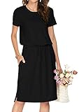 Women Summer Knit Short Sleeve Pocket Travel Midi Knee Work Casual Dress Black L