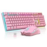 RedThunder K10 Wireless Gaming Keyboard and Mouse Combo, LED Backlit Rechargeable 3800mAh Battery, Mechanical Feel Anti-ghosting Keyboard + 7D 3200DPI Mice for PC Gamer (Pink)