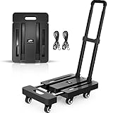 SPACEKEEPER Folding Hand Truck, 500 LB Heavy Duty Luggage Cart, Utility Dolly Platform Cart with 6 Wheels & 2 Elastic Ropes for Luggage, Travel, Moving, Shopping, Office Use, Black