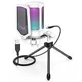 FIFINE AmpliGame USB Microphone, PC Gaming Recording Desktop Laptop Mic, RGB Streaming Podcasting Condenser Mic for Online Game, Vocal, with Mute Button, Gain Knob, Tripod Stand-A6V White