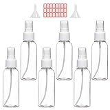 Zoizocp Spray Bottles, 2oz/50ml Clear Empty Fine Mist Plastic Mini Travel Bottle Set, Small Refillable Liquid Containers with 2pcs Funnels and 24pcs Labels (6 Pack)