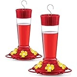 Hummingbird Feeder 10 oz [Set of 2] Plastic Hummingbird Feeders for Outdoors, with Built-in Ant Guard - Circular Perch with 5 Feeding Ports - Wide Mouth for Easy Filling/2 Part Base for Easy Cleaning