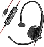HROEENOI USB Headset, PC Headset with Noise Cancelling Microphone for Laptop, Wired in-Line Controls Headphones with Volume & Mic Mute for Zoom, Skype, Office, Call Center, Home