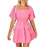 Shy Velvet Women's Summer Dress Square Neck Short Sleeves Crossover Waist Casual Party Mini Dress Pink