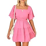 Shy Velvet Women's Summer Dress Square Neck Short Sleeves Crossover Waist Casual Party Mini Dress Pink