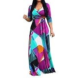 QULSE Womens V Neck 3/4 Sleeve Digital Floral Print Casual Party Long Maxi Dress with Belt (as1, Alpha, xx_l, Regular, Petite, Purple)