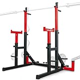STOZM 14-Gauge Steel Adjustable Squat Rack Stand/Barbell Rack with Weight Plate Storage, Dip Bar Station, Barbell Holder & T-Bar Row Landmine Support – Max Weight Capacity 770lbs (Red)
