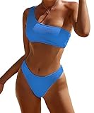 YIMISAN Womens Bikini Sets One Shoulder Top with Low Waisted Tankini Two Piece Bathing Suit Blue