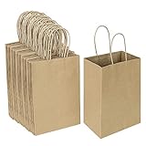 Oikss 100 Pack 5.25x3.25x8.25 Inch Small Plain Natural Paper Gift Bags with Handles Bulk, Kraft Bags for Birthday Party Favors Grocery Retail Shopping Business Goody Craft Bags Cub (Brown 100 Count)