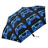 Oyihfvs Video Game Joystick Gamepad in Blue Neon Lights Isolated on Black Parasol Folding Umbrella, Reinforced Windproof Waterproof, Portable Compact Anti-UV Sun Rain Protection for Travel Outdoor