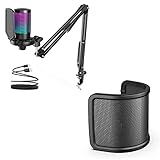 FIFINE Gaming PC Microphone with Boom Arm for Computer, RGB Mic with Mute Button for Streaming Online Chat Gamer Youtuber-AmpliGame (A6T+U1)