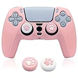 BRHE Skin for PS5 Controller Grip Cover Anti-Slip Silicone Protector Rubber Case Cute Kawaii Accessories Set Gamepad Joystick Shell with 2 Thumb Grip Caps (Full Covered, Pink)
