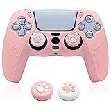 BRHE Skin for PS5 Controller Grip Cover Anti-Slip Silicone Protector Rubber Case Cute Kawaii Accessories Set Gamepad Joystick Shell with 2 Thumb Grip Caps (Full Covered, Pink)