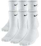 NIKE Dri-Fit Classic Cushioned Crew Socks 6 PAIR White with Black Swoosh Logo) LARGE 8-12