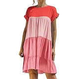 Pink Babydoll Dress Women's Summer Dress Casual Crew Neck Babydoll Colorblock Ruffle Short Sleeve Tiered A-Line Flowy Mini Beach Dress