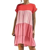 Pink Babydoll Dress Women's Summer Dress Casual Crew Neck Babydoll Colorblock Ruffle Short Sleeve Tiered A-Line Flowy Mini Beach Dress