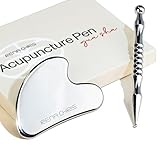 Rena Chris Stainless Steel Gua Sha and Acupuncture Pen, Manual Reflexology Tools for Muscle Tension and Pain Relief, Acupressure Pen and Gua Sha Set with Reflexology Chart, Easy to Use