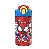 Zak Designs Marvel Spider-Man 18/8 Single Wall Stainless Steel Kids Water Bottle, Flip Straw Locking Spout Cover, Durable Cup for Sports or Travel (15.5oz, Non-BPA, Spidey and His Amazing Friends)