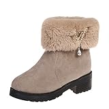 Fullwei Boot for Women,Women Rhinestone Suede Plush Warm Block Heel Boot Dress Booties Ladies Casual Winter Snow Slip On Boot Causal Walking Dress Shoe (Boot for Women-2-Khaki, 8)