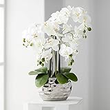 Dahlia Studios Potted Faux Artificial Flowers Arrangements Realistic White Phalaenopsis Orchid in Silver Pot Home Decoration Living Room Office Bedroom Bathroom Kitchen Dining Room 23' High