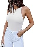 Womens Sexy Sleeveless High Neck Racer Back Halter Thong Bodysuits Leotard Tank Tops White X-Large