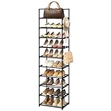 WEXCISE Narrow Shoe Rack 10 Tiers Tall Shoe Rack for Entryway 20 24 Pairs Shoe & Boots Organizer Storage Shelf Durable Black Metal Stackable Shoe Cabinet with Hooks, 17.1D x 11.8W x 78.7H in