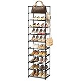 WEXCISE Narrow Shoe Rack 10 Tiers Tall Shoe Rack for Entryway 20 24 Pairs Shoe & Boots Organizer Storage Shelf Durable Black Metal Stackable Shoe Cabinet with Hooks, 17.1D x 11.8W x 78.7H in