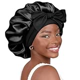 YANIBEST Silk Bonnet for Sleeping Women Satin Bonnet Double Layer Satin Lined Hair Bonnet with Tie Band Curly Hair Black