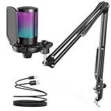 FIFINE Gaming PC USB Microphone, Podcast Condenser Mic with Boom Arm, Pop Filter, Mute Button for Streaming, Twitch, Online Chat, RGB Computer Mic for PS4/5 PC Gamer Youtuber-AmpliGame A6T