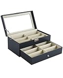 Anfrere 12 Slot Sunglasses Organizer, Lockable Leather Multi Eyeglasses Organizer with Drawers, Eyeglass Frames with Clear Glass Covers for Watch Jewelry Collection, Black