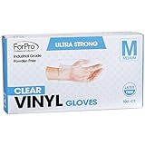 ForPro Disposable Vinyl Gloves, Clear, Industrial Grade, Powder-Free, Latex-Free, Non-Sterile, Food Safe, 2.75 Mil. Palm, 3.9 Mil. Fingers, Medium, 100-Count